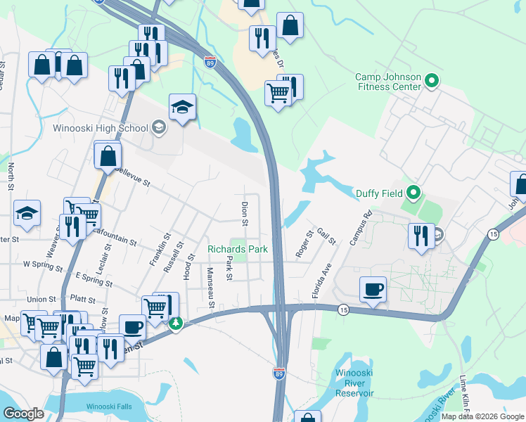 map of restaurants, bars, coffee shops, grocery stores, and more near 71 Lapointe Street in Winooski