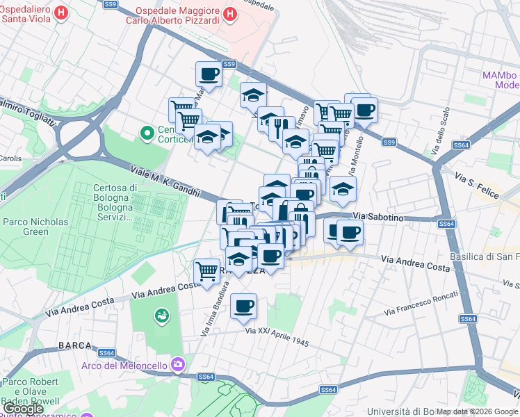 map of restaurants, bars, coffee shops, grocery stores, and more near 24 Via Tolmino in Bologna