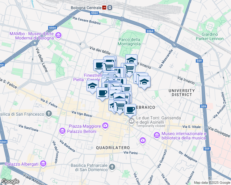 map of restaurants, bars, coffee shops, grocery stores, and more near 9 Via Goito in Bologna
