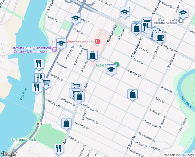map of restaurants, bars, coffee shops, grocery stores, and more near 1030 South Clay Street in Green Bay
