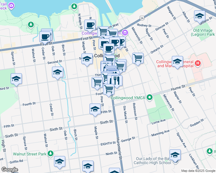 map of restaurants, bars, coffee shops, grocery stores, and more near 220 Hurontario Street in Collingwood