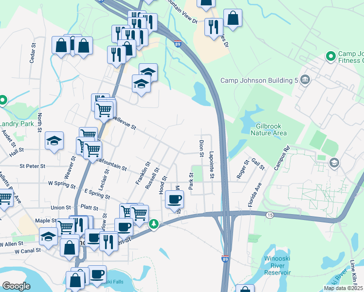 map of restaurants, bars, coffee shops, grocery stores, and more near 171 Bellevue Street in Winooski