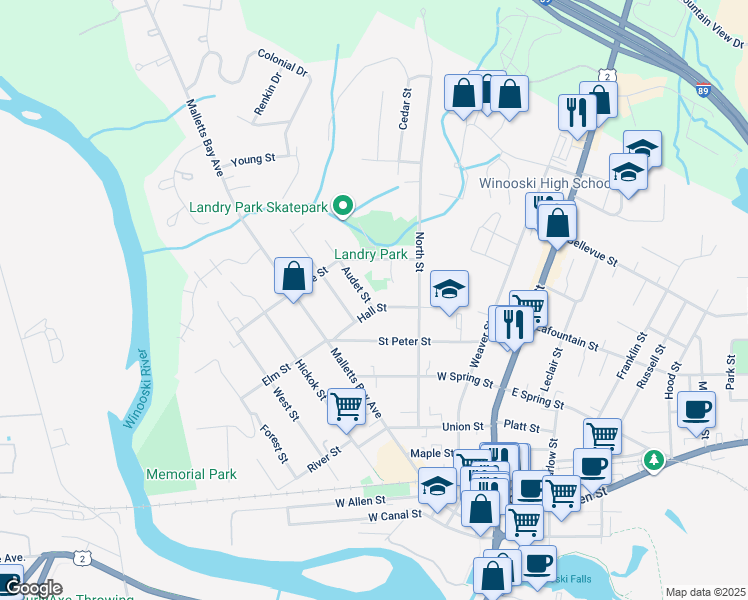 map of restaurants, bars, coffee shops, grocery stores, and more near 31 Hall Street in Winooski