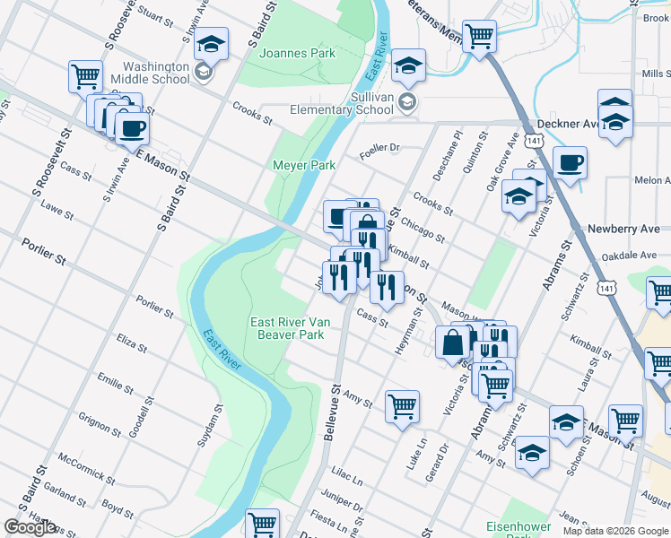 map of restaurants, bars, coffee shops, grocery stores, and more near 1558 Charles Street in Green Bay