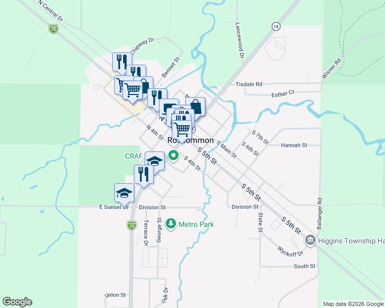 map of restaurants, bars, coffee shops, grocery stores, and more near 700 Lake Street in Roscommon
