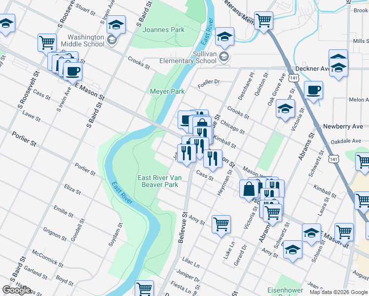 map of restaurants, bars, coffee shops, grocery stores, and more near 1558 Charles Street in Green Bay