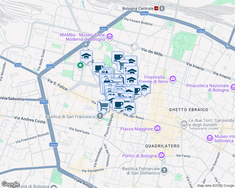 map of restaurants, bars, coffee shops, grocery stores, and more near 18 Via Guglielmo Marconi in Bologna