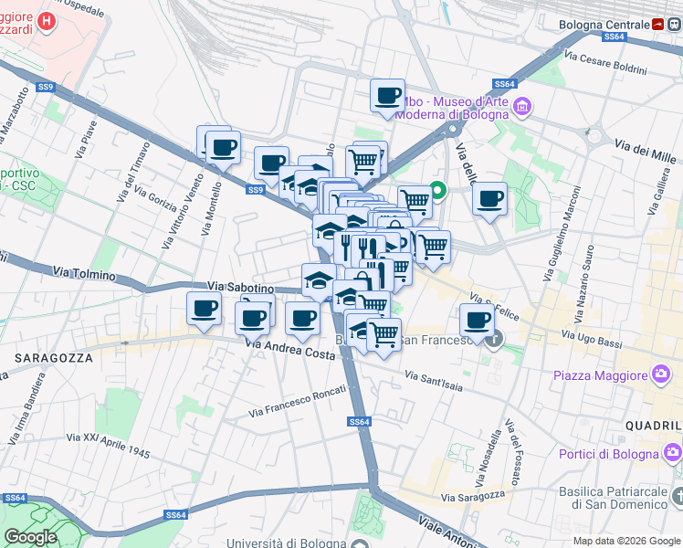 map of restaurants, bars, coffee shops, grocery stores, and more near 17 Via Monaldo Calari in Bologna