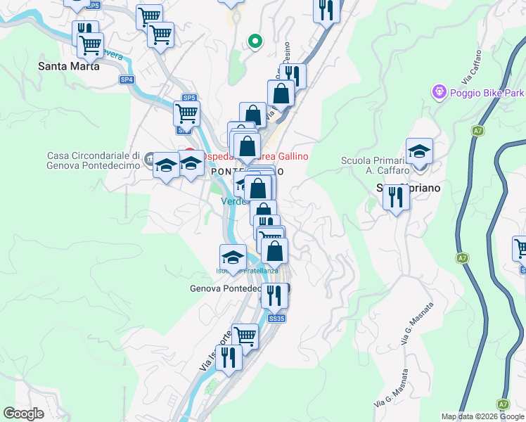 map of restaurants, bars, coffee shops, grocery stores, and more near 16 Via Guido Poli in Genoa