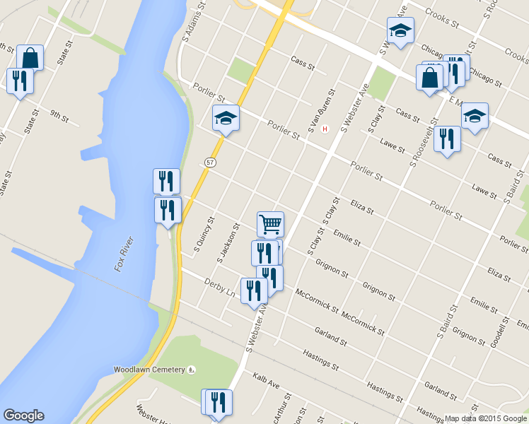 map of restaurants, bars, coffee shops, grocery stores, and more near 1120 South Van Buren Street in Green Bay