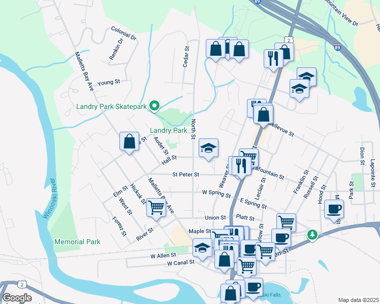 map of restaurants, bars, coffee shops, grocery stores, and more near 150 North Street in Winooski