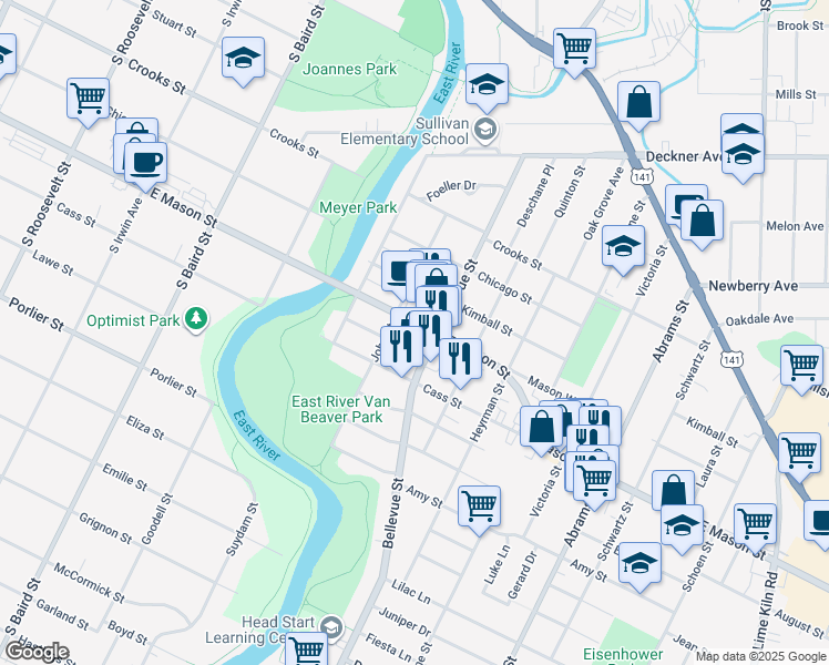 map of restaurants, bars, coffee shops, grocery stores, and more near 1582 E Mason St in Green Bay