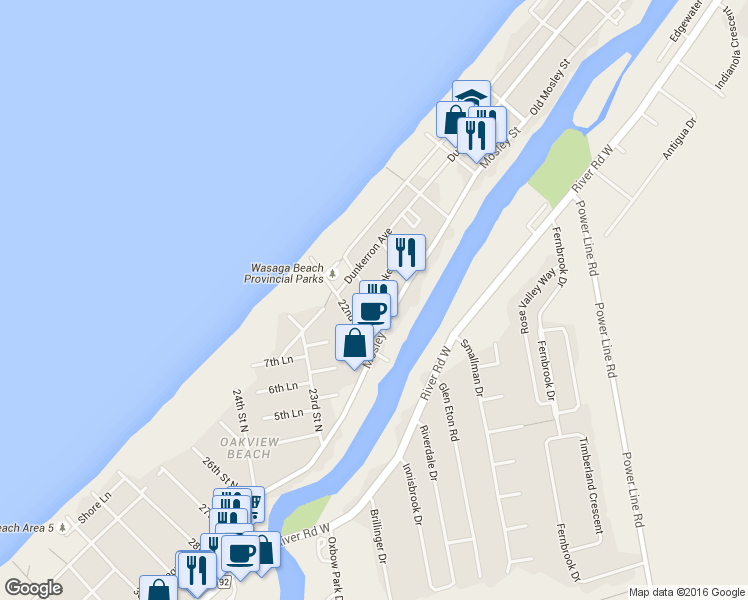 map of restaurants, bars, coffee shops, grocery stores, and more near 66 Baker Street in Wasaga Beach