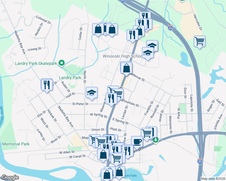 map of restaurants, bars, coffee shops, grocery stores, and more near 266 Main Street in Winooski