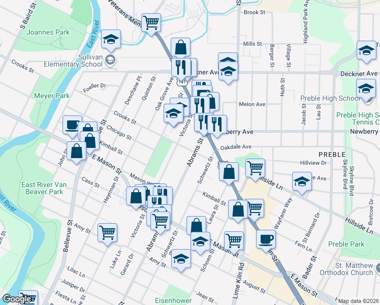 map of restaurants, bars, coffee shops, grocery stores, and more near 1696 Crooks Street in Green Bay