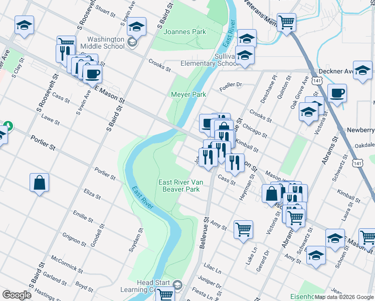 map of restaurants, bars, coffee shops, grocery stores, and more near 635 Hartung Street in Green Bay