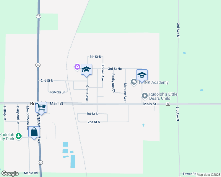 map of restaurants, bars, coffee shops, grocery stores, and more near 6947 Rocky Run Drive in Rudolph