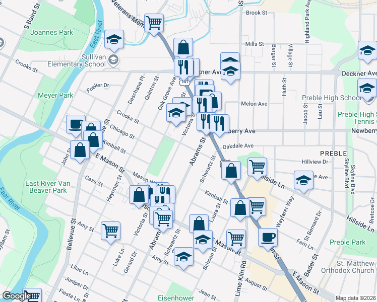 map of restaurants, bars, coffee shops, grocery stores, and more near 1696 Crooks Street in Green Bay