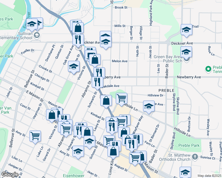 map of restaurants, bars, coffee shops, grocery stores, and more near 1802 Oakdale Avenue in Green Bay