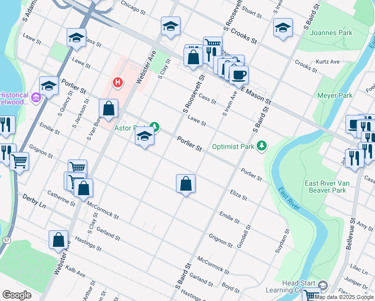 map of restaurants, bars, coffee shops, grocery stores, and more near 1248 Porlier Street in Green Bay