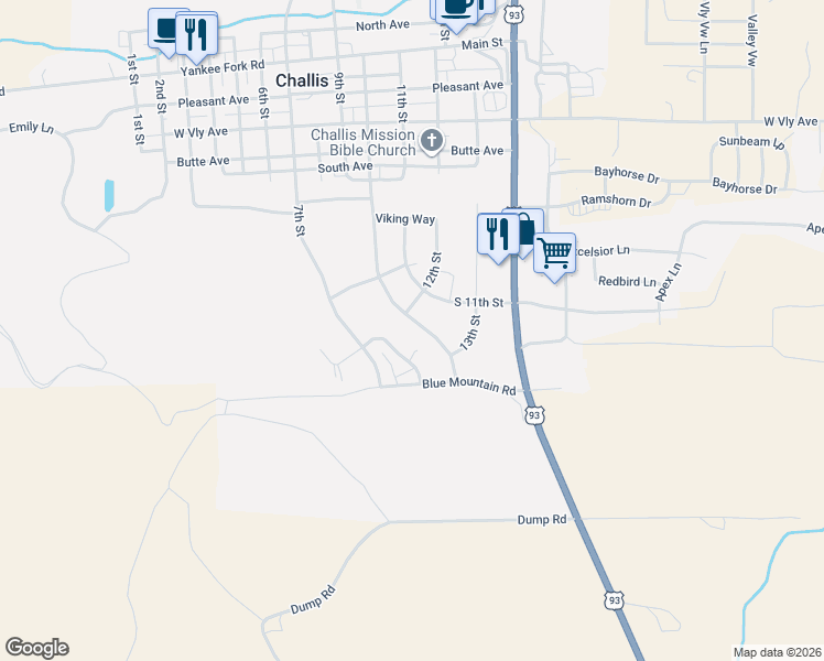 map of restaurants, bars, coffee shops, grocery stores, and more near 211 East Summitt Circle in Challis