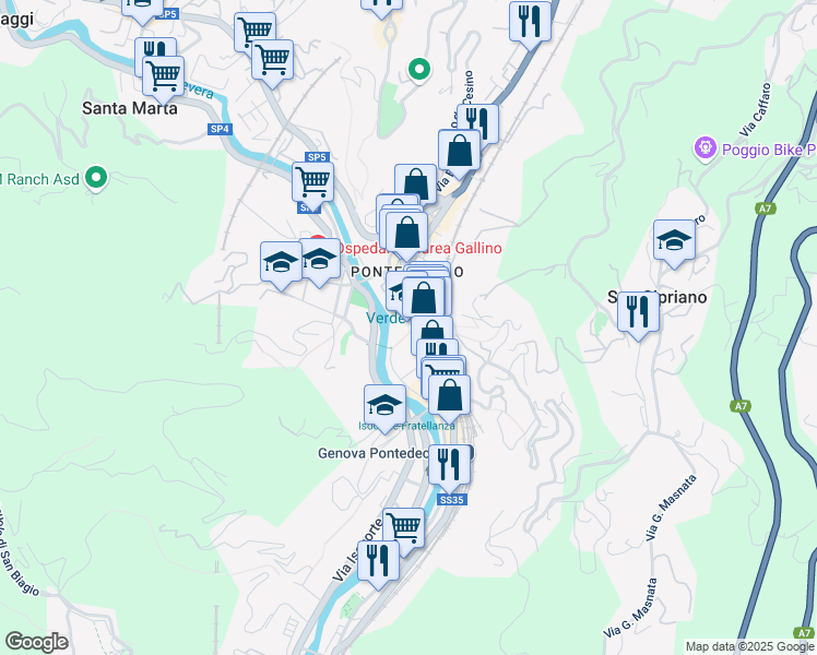 map of restaurants, bars, coffee shops, grocery stores, and more near 16 Via Guido Poli in Genoa