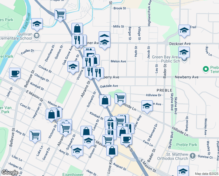 map of restaurants, bars, coffee shops, grocery stores, and more near 1802 Oakdale Avenue in Green Bay