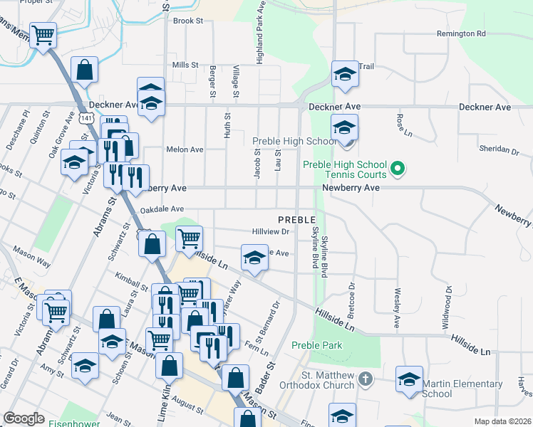 map of restaurants, bars, coffee shops, grocery stores, and more near 2020 Oakdale Avenue in Green Bay