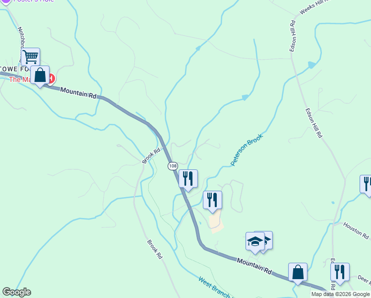 map of restaurants, bars, coffee shops, grocery stores, and more near 108 Hartson Road in Stowe