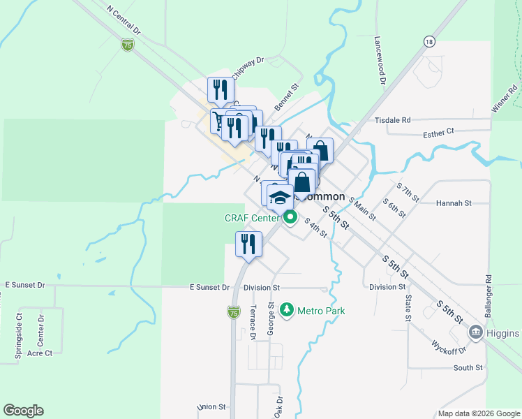 map of restaurants, bars, coffee shops, grocery stores, and more near 599 Brooks St in Roscommon