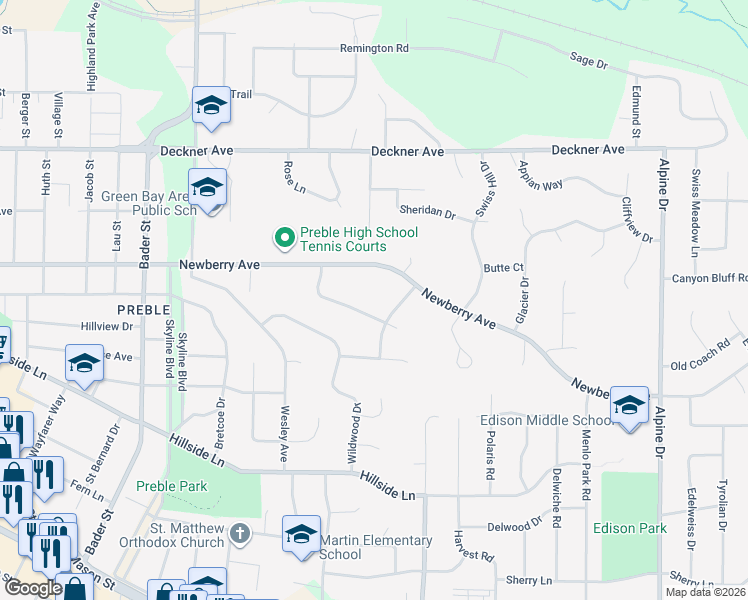 map of restaurants, bars, coffee shops, grocery stores, and more near 2473 Morning Star Trail in Green Bay