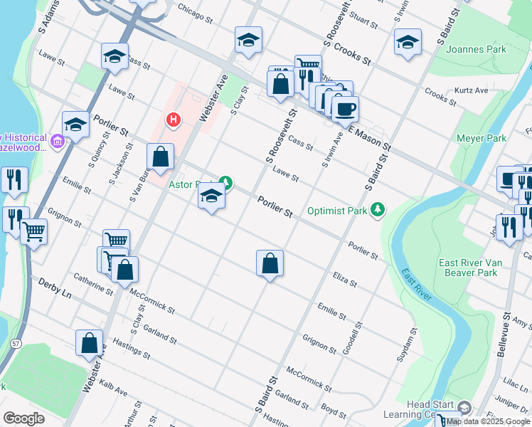 map of restaurants, bars, coffee shops, grocery stores, and more near 1248 Porlier Street in Green Bay
