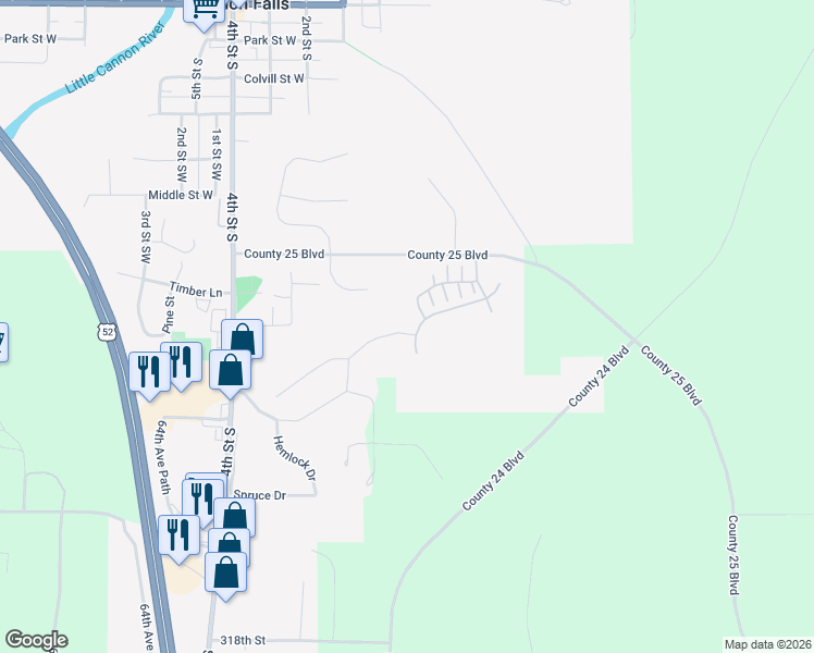 map of restaurants, bars, coffee shops, grocery stores, and more near 6694 Bluff Drive in Cannon Falls