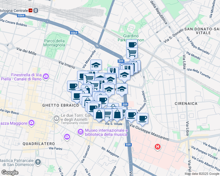 map of restaurants, bars, coffee shops, grocery stores, and more near 1 Piazza di Porta San Donato in Bologna