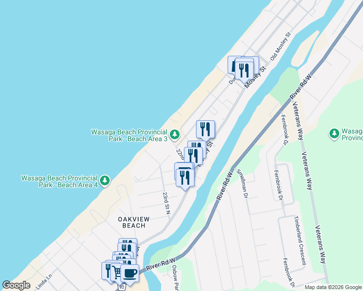 map of restaurants, bars, coffee shops, grocery stores, and more near 66 Baker Street in Wasaga Beach