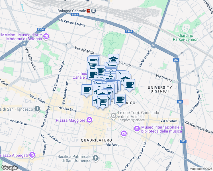map of restaurants, bars, coffee shops, grocery stores, and more near 1 Via delle Oche in Bologna