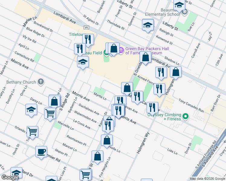 map of restaurants, bars, coffee shops, grocery stores, and more near 919 Park Ridge Drive in Green Bay