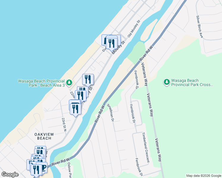 map of restaurants, bars, coffee shops, grocery stores, and more near 1852 River Road West in Wasaga Beach