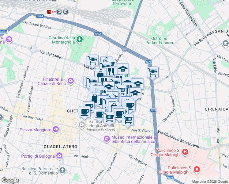 map of restaurants, bars, coffee shops, grocery stores, and more near 48 Via delle Belle Arti in Bologna