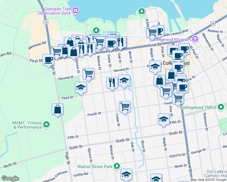 map of restaurants, bars, coffee shops, grocery stores, and more near Cedar Street in Collingwood