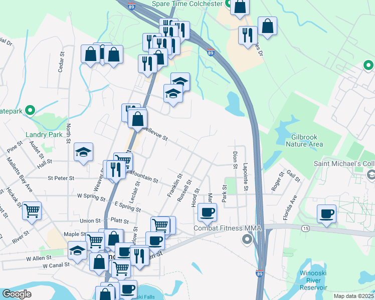 map of restaurants, bars, coffee shops, grocery stores, and more near 119 Bellevue Street in Winooski