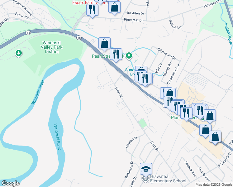 map of restaurants, bars, coffee shops, grocery stores, and more near 164 West Street in Essex
