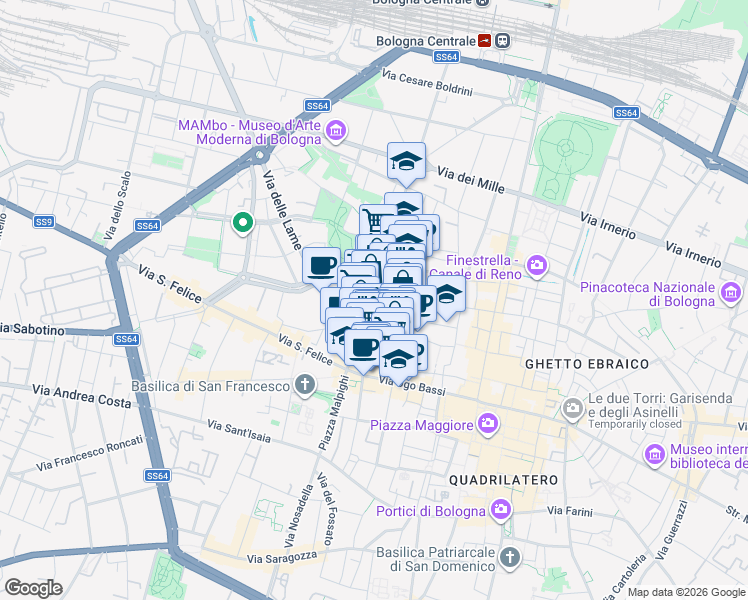 map of restaurants, bars, coffee shops, grocery stores, and more near 18 Via Guglielmo Marconi in Bologna