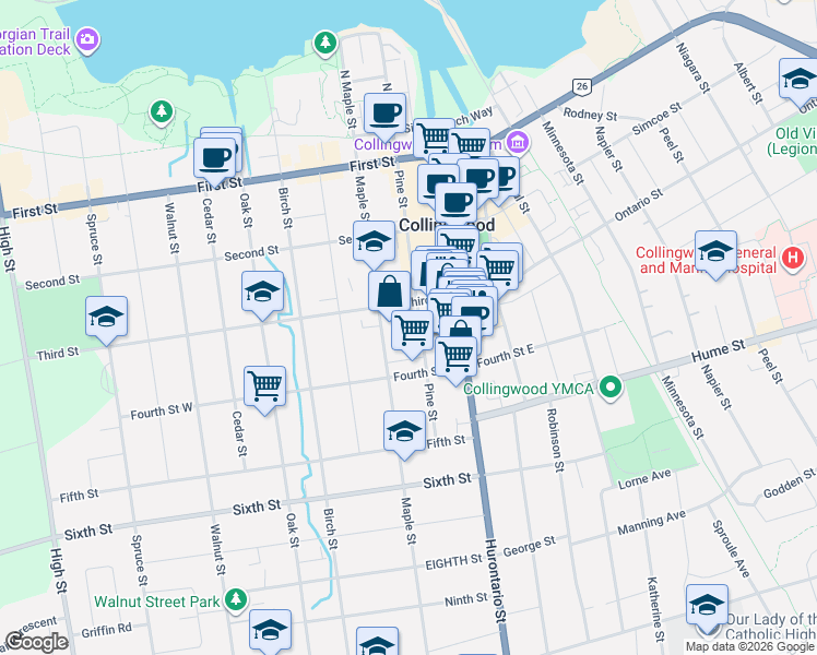 map of restaurants, bars, coffee shops, grocery stores, and more near 199 Maple Street in Collingwood