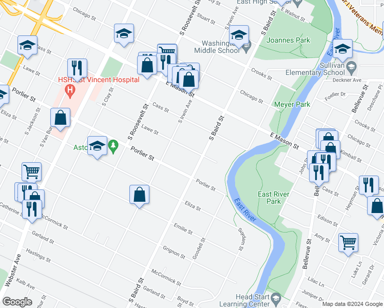map of restaurants, bars, coffee shops, grocery stores, and more near 1358 Lawe Street in Green Bay