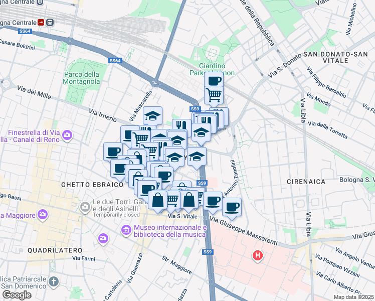 map of restaurants, bars, coffee shops, grocery stores, and more near 1 Piazza di Porta San Donato in Bologna