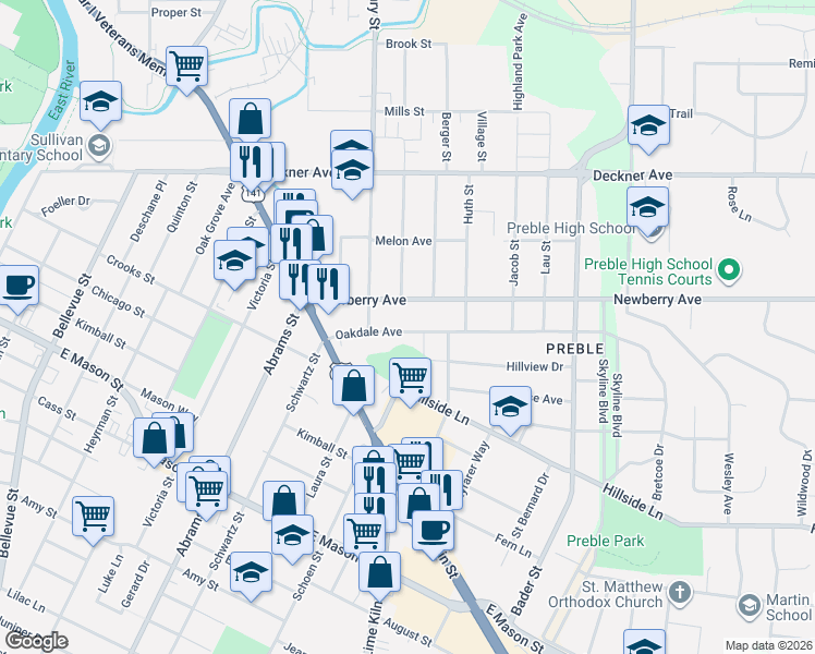 map of restaurants, bars, coffee shops, grocery stores, and more near 1850 Oakdale Avenue in Green Bay