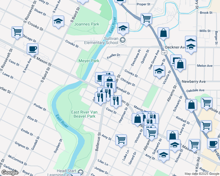 map of restaurants, bars, coffee shops, grocery stores, and more near in Green Bay