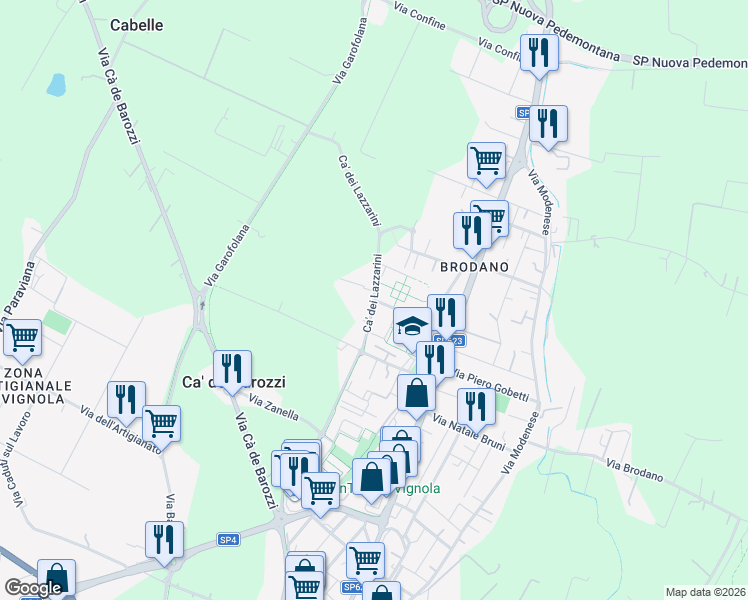 map of restaurants, bars, coffee shops, grocery stores, and more near 401 Via Massimo Bontempelli in Vignola