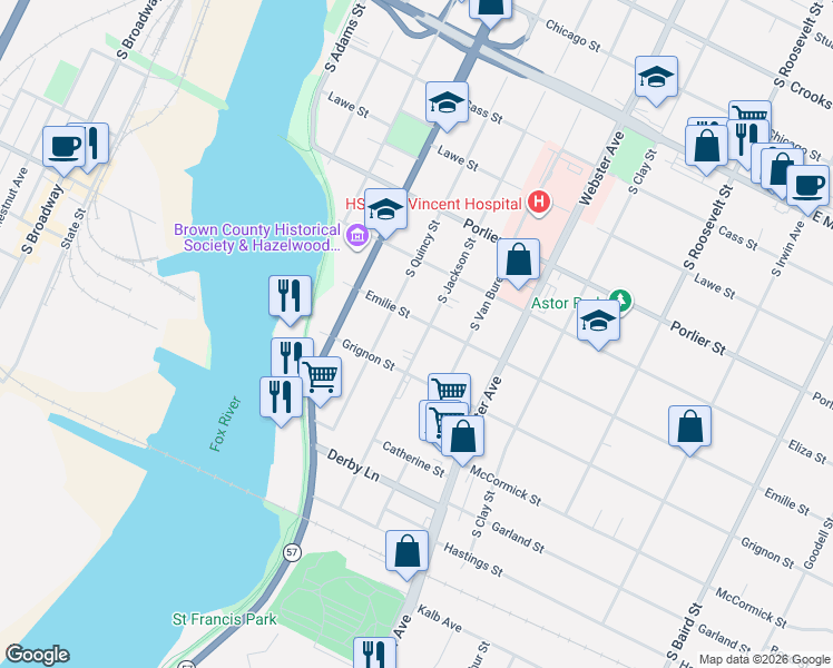 map of restaurants, bars, coffee shops, grocery stores, and more near 1133 South Jackson Street in Green Bay